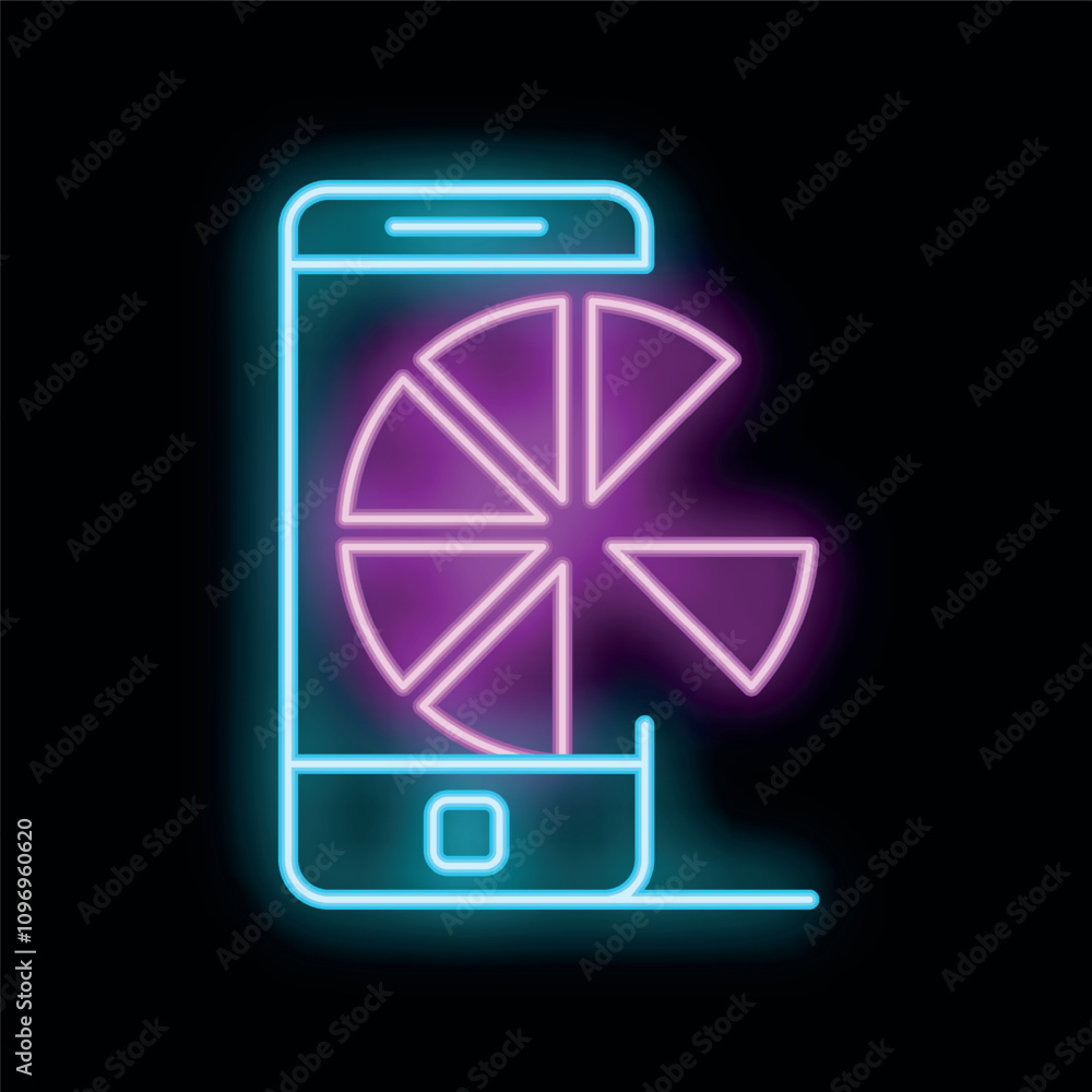 Poster glowing neon icon of a smartphone displaying a pie chart, symbolizing mobile business analytics and 