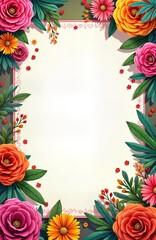 Fototapeta premium Cinco de Mayo invitation mockup features blank space vibrant floral border. Mexican fiesta theme. Colorful flowers adorn card. Perfect party invitation design template.