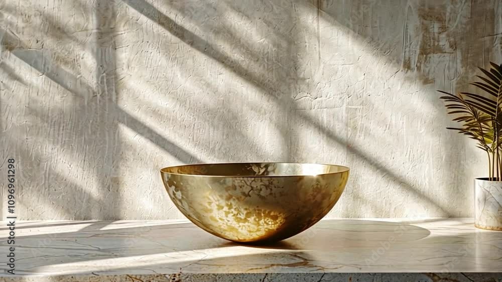 Poster a stunning golden bowl is placed on a smooth marble surface, illuminated by soft sunlight filtering 