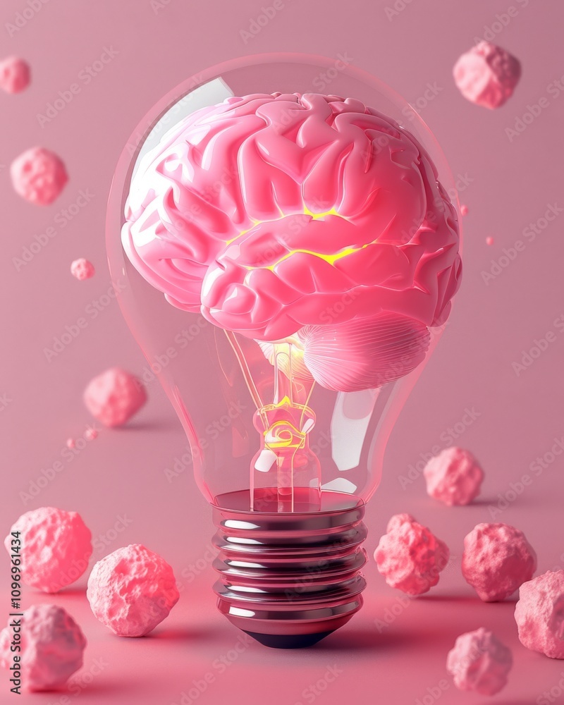 Poster a human brain is encased inside a clear light bulb, surrounded by floating pink spheres. concept of 