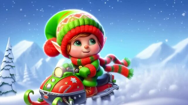 Cute animationof a elf in snowy landscape with scarf and woolen hat, on a snowmobile. Christmas Celebration Time
