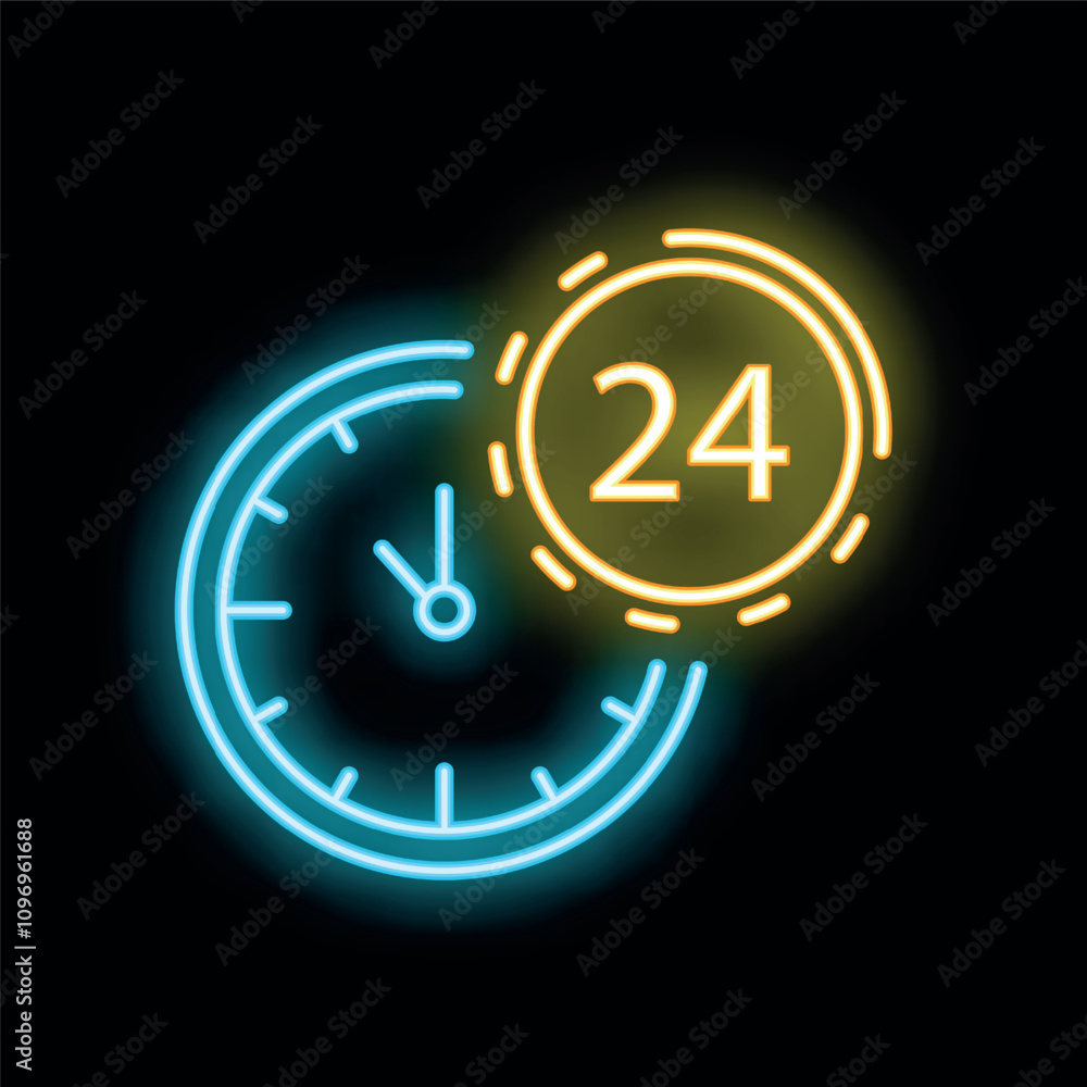 Poster neon clock is showing 24 hours open sign for nonstop customer service