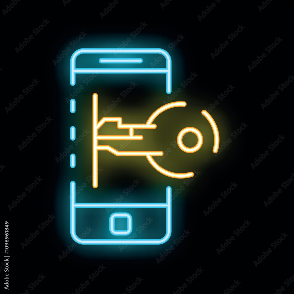 Poster neon glowing icon of a digital key sending a signal to a smartphone for unlocking