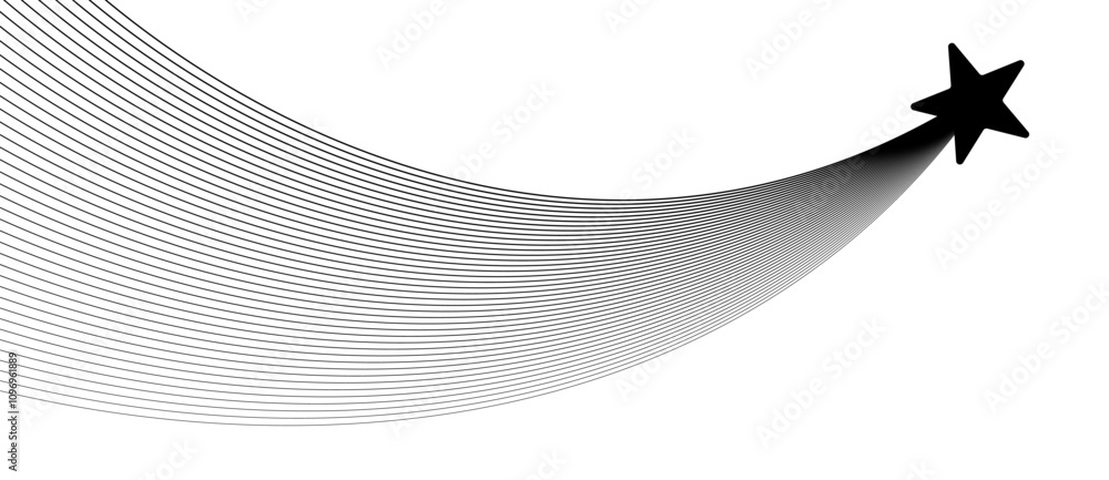Poster black wave dynamic lines with star on white background. falling star concept.