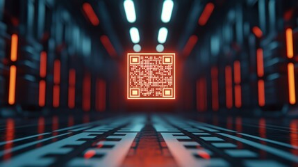 Glowing Encrypted QR Code Hologram Futuristic Environment Digital Art Sci-Fi Space Data Privacy Concept