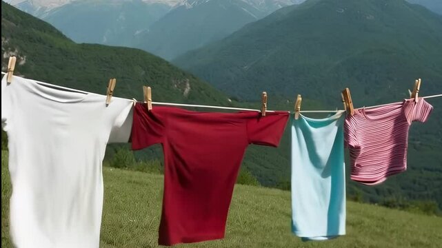 Clothes hanging on a clothesline sway in the strong mountain wind amidst beautiful scenery