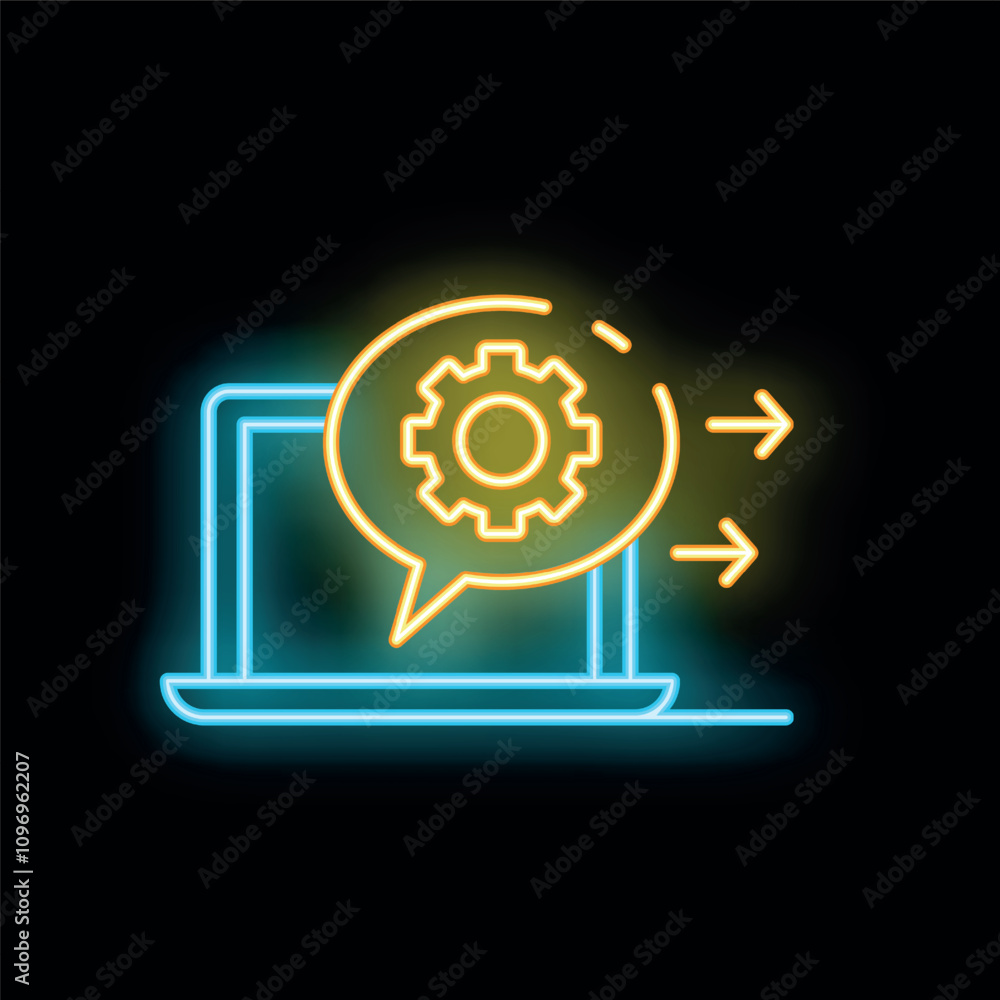 Poster neon laptop sending information with gear icon in speech bubble representing software development pr