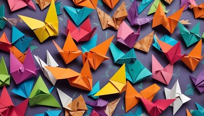 papel de origami y tijeras  una composición con papeles de colores vivos, figuras de origami terminadas, y unas tijeras o pegamento, dispuestos sobre una superficie ordenada. perfecto para temas arti