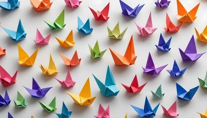 papel de origami y tijeras  una composición con papeles de colores vivos, figuras de origami terminadas, y unas tijeras o pegamento, dispuestos sobre una superficie ordenada. perfecto para temas arti