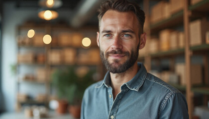 Fototapeta premium Confident man with beard smiling warmly against blurred cafe background