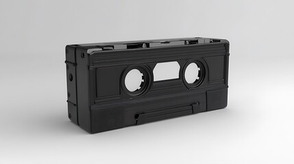 Obraz premium A sleek black video cassette tape sits against a minimalist white backdrop. A nostalgic reminder of analog technology.