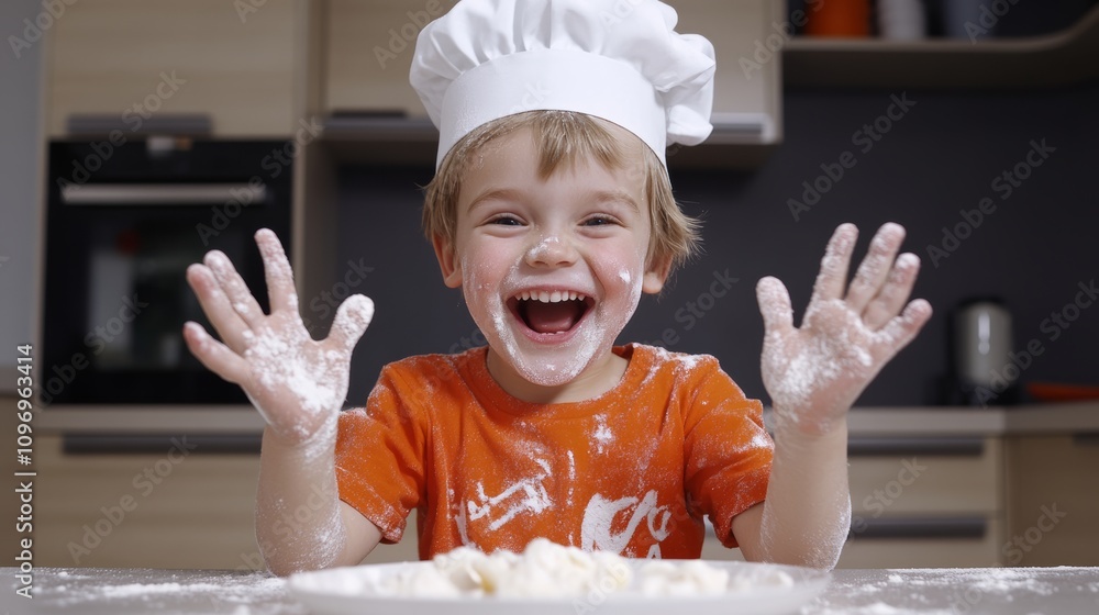 Poster young boy in a chef's hat is covered in flour and smiling. he is standing in front of a plate of foo