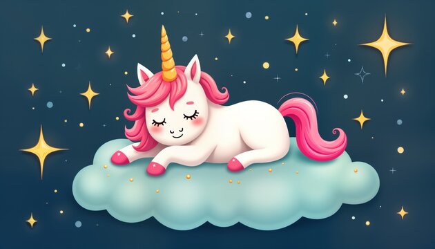 Cute unicorn sleeps on soft cloud among sparkling stars. Night sky scene. Fantasy art for kids room decor. Perfect for baby nursery. Childrens fairytale illustration. Magical animal graphic design.