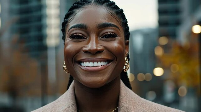 Smiling woman with braided hair stands in urban setting during daytime, showcasing confidence and joy