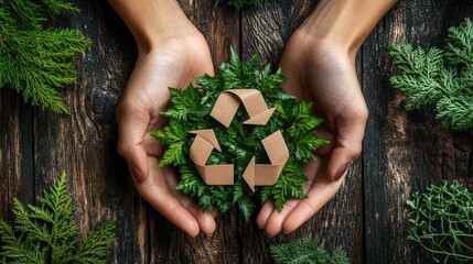 Hands holding green leaves with a recycle symbol on wooden background