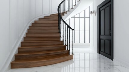 Fototapeta premium Elegant curved staircase in a modern interior with marble flooring and a dark door.