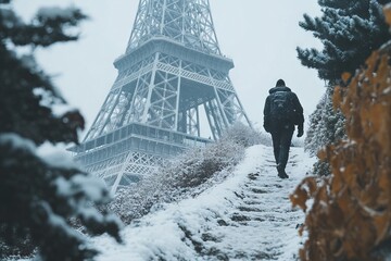 Eiffel Tower in Paris Covered in Snow. AI generated illustration