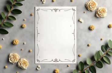 Blank invitation card mockup. Gold silver decor. Roses eucalyptus leaves. Party retirement design. Elegant template. Greeting card. Festive decor. Mockup space. Floral background. Wedding stationery.