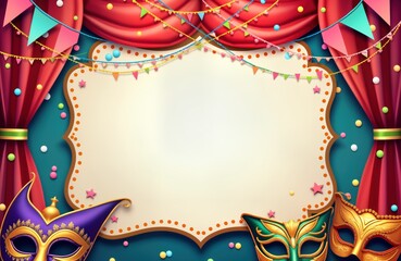 Blank carnival invitation mockup Colorful streamers frame blank space Masks confetti add festive feel Red curtains add drama Perfect for party event announcement