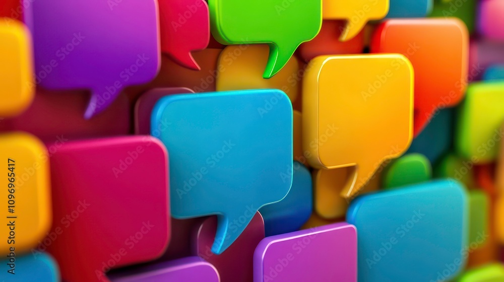 Poster a colorful background of overlapping speech bubbles representing communication and conversation.