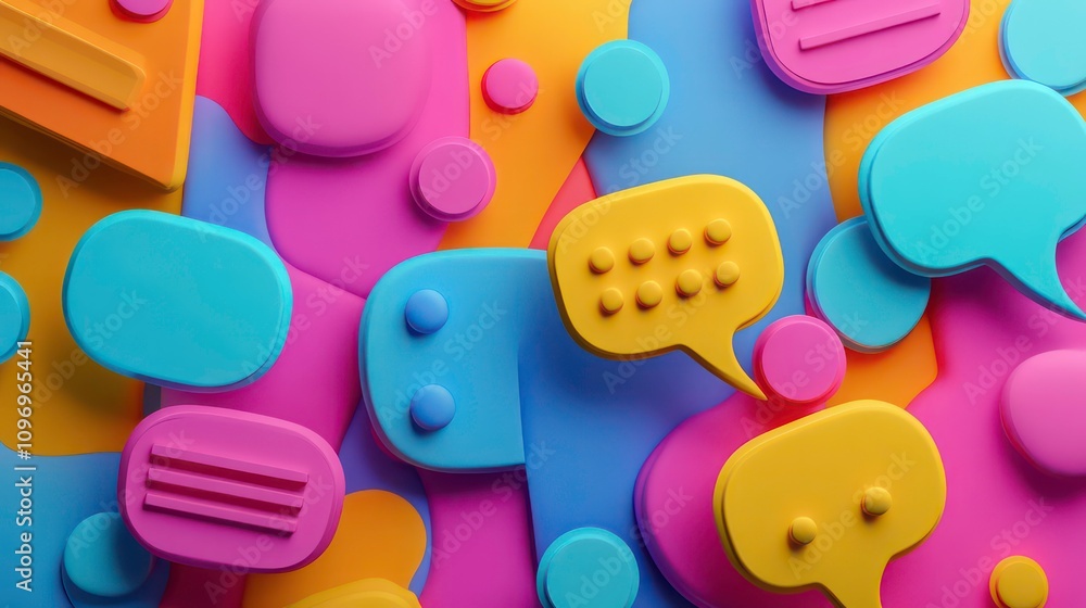 Poster a colorful background of overlapping speech bubbles representing communication and conversation.