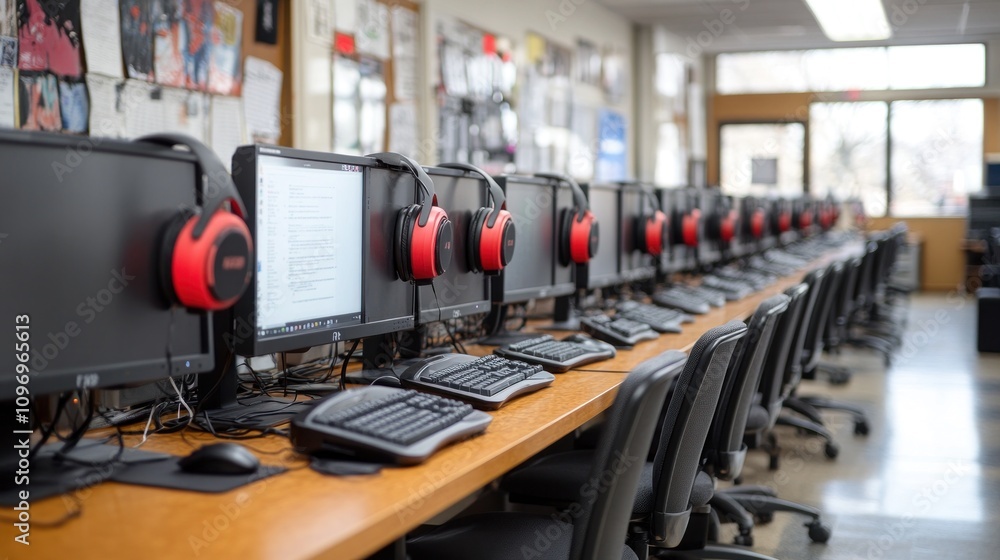 Aufkleber Rows of Computers with Red Headphones in a Computer Lab