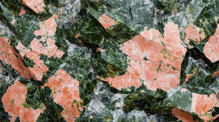 Polished Unakite Background: Salmon Pink and Forest Green Speckles, Ultra-Detailed Surface, Photorealistic Quality for Organic Product Marketing in 8K Resolution.