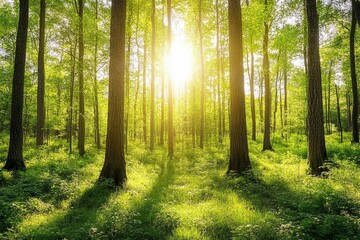 Obraz premium Serene Sunlight Filtering Through Forest Canopy - Peaceful forest scene, sunlight streams through trees, creating a tranquil atmosphere. Symbolizing nature, peace, serenity, growth, and renewal.