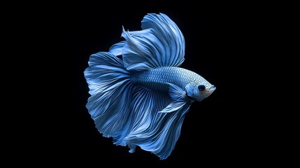 Fototapeta premium A vibrant blue betta fish gracefully glides through the water, its fins spread in a mesmerizing display against a stark black background. 
