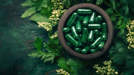 Obraz premium Dark green herbal capsules in a wooden bowl surrounded by lush green foliage. A natural health and wellness image.