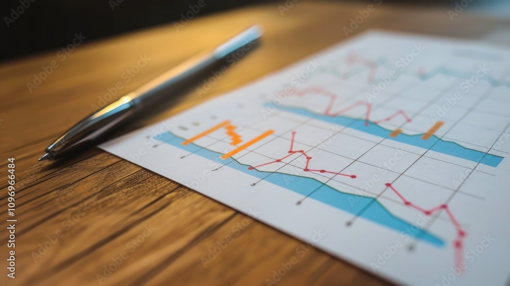 Poster a pen rests beside a printed graph with various data trends on a wooden surface.