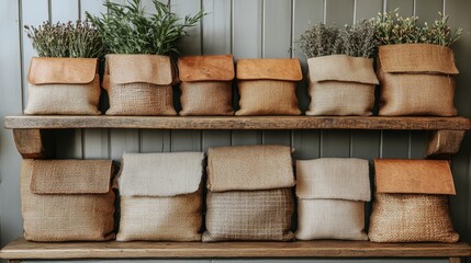 Decorative bags with plants on a wooden shelf in a stylish interior