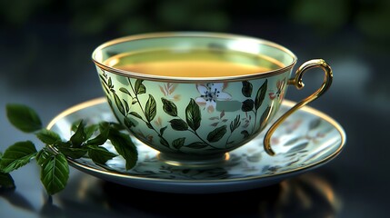 Fototapeta premium A delicate teacup and saucer with a floral design, filled with a warm, inviting beverage. Perfect for a quiet moment of relaxation.