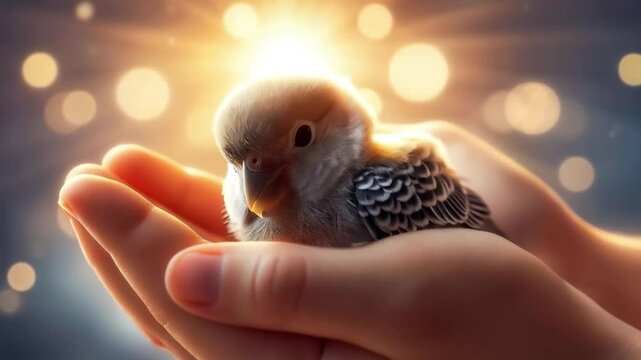 Animation of miniature parrot perched on a person hand