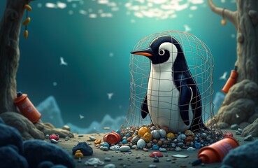 Naklejka premium Penguin trapped in net surrounded by plastic garbage on beach. Pollution harms wildlife. Eco disaster. Save penguins. Protect nature. Global warming impact. Animals in danger. Help wildlife. Earth