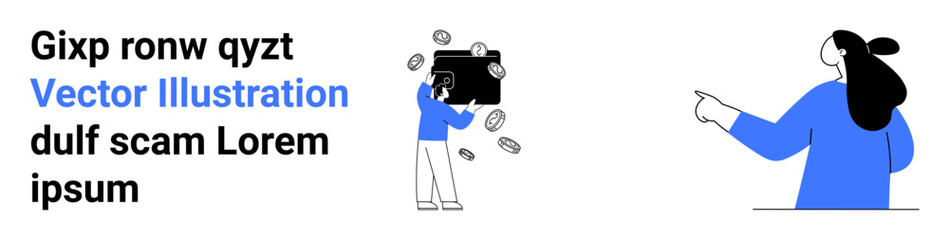 Person collecting coins from an open briefcase, with text block on the left and a woman pointing at it. Ideal for business, marketing, finance, education, tech, advertisements, website graphics