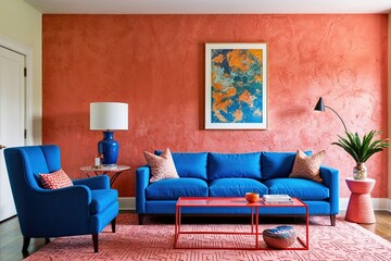Vibrant Living Room Design Featuring Bright Blue Armchair and Textured Coral Wall