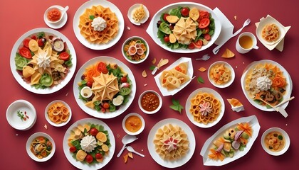 Platos de Comida Elegantes Una composición con platos bien decorados de diferentes tipos de comida (ensaladas, pastas, postres) sobre una mesa elegante. Ideal para fondos gastronómicos 