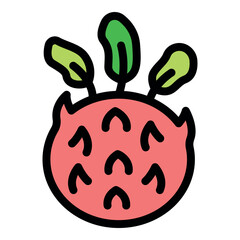 Ripe dragon fruit with green leaves, showing its vibrant pink skin and unique shape