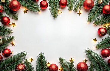Red baubles gold stars spruce branches frame white background. Festive Xmas New Year decor. Winter holiday celebration. Christmas greeting card template. Copy space for text. Top view flat lay.