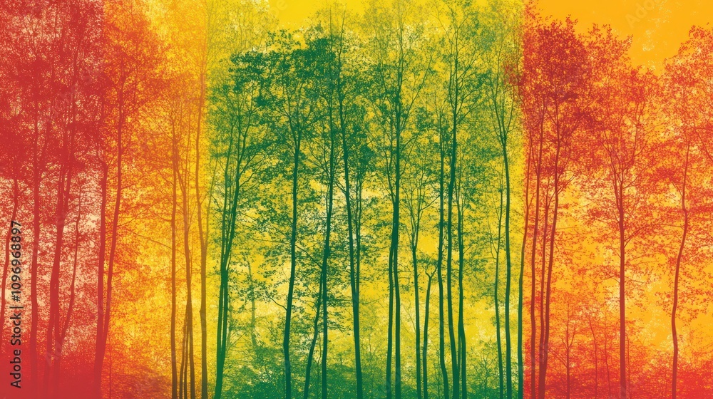 Poster abstract representation of trees with vibrant colors blending into a serene landscape.