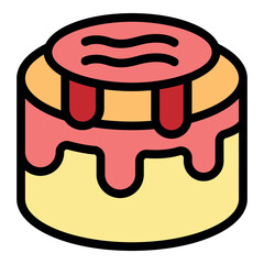 Sweet treat featuring a round cake with pink icing dripping down the sides and red topping drizzled on top