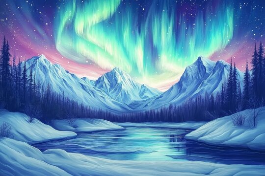 Stunning Aurora Borealis Illuminates Snowy Landscape - Majestic aurora borealis dances above snow-capped mountains, reflecting in a serene lake, creating a breathtaking winter wonderland.  Nature, bea