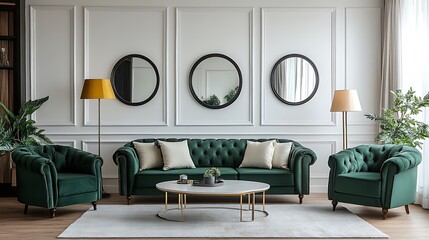 A living room with three mirrors on the wall and beautiful sofa