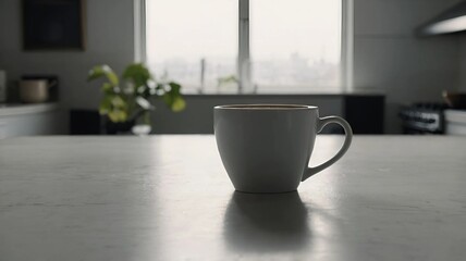 Obraz premium White coffee cup resting on a clean kitchen counter, illuminated by natural light streaming through a window, with a green potted plant adding a fresh touch in the background