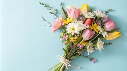 A whimsical bouquet of spring flowers on a light blue paper background with playful brushstrokes...