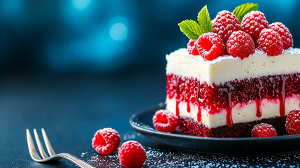 A delicious slice of raspberry cake topped with fresh raspberries and mint leaves, served on a dark...