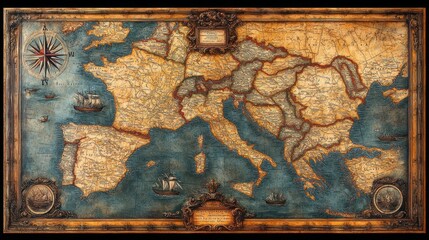 Antique World Map Depicting European and Asian Continents