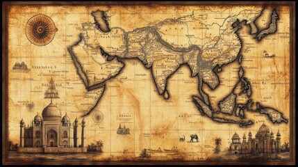 Obraz premium Antique Map Depicting Asia and Notable Architectural Landmarks