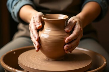 Hands crafts a vase on a potter's wheel using brown clay. Close-up of fingers shape the oval vase, creating a sense of motion and depth. Potter at work